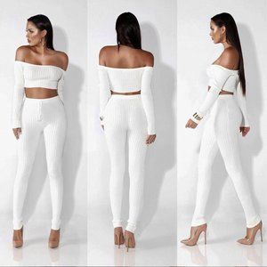 NWT JLUXLABEL Ivory Ribbed Off Shoulder Crop Top M